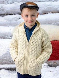 Aran Crafts 100% Merino Wool Kids Hooded Knit Cardigan Zip Sweater with Pockets - Picture 1 of 9