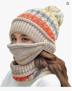 Women Winter Hat Scarf Mask 3 in 1 Fleece Lined Knitted Warm Beanies Hats Scarfs - Picture 1 of 6