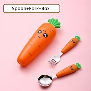 Baby Feeding Utensils Cartoon Carrot Fork Spoon Children Cutlery Set Kid Tablewa - Picture 1 of 12
