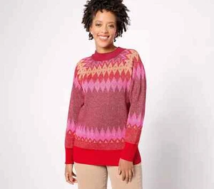 Denim & Co. Signature Fair Isle Mock Neck Sweater Cranberry,XS A627220 - Picture 1 of 1