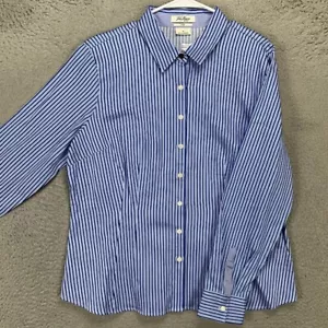 Van Heusen Button Up Shirt Womens XL Blue Stripe Fitted Long Sleeve Stretch NEW - Picture 1 of 9
