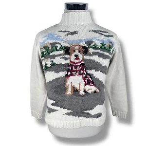 Vintage Liz Claiborne Dog Sweater Womens Small White Knit Cotton Pullover Birds - Picture 1 of 8
