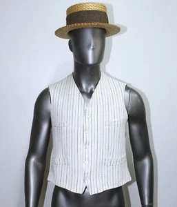 French Early 20th Antique White Honeycomb Striped Cotton Tailored Vest Size M - Picture 1 of 9