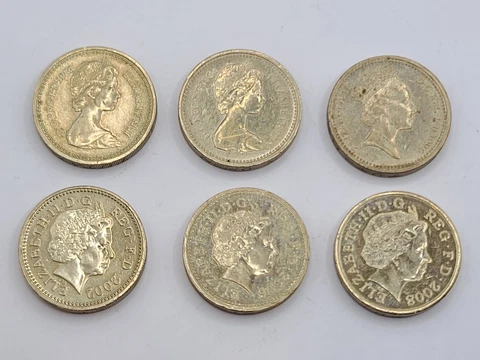 Lot of (6) 1983 - 2008 UK 1 Pound Coins Cover