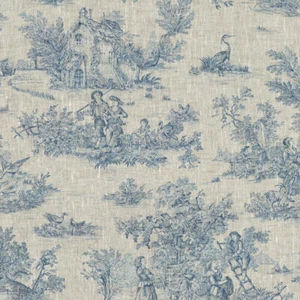 Textiles français Toile de Jouy LINEN Fabric (La Grande Vie Rustique) Blue - Picture 1 of 7