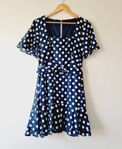 PORTMANS Blue & White Polka Dot Linen Short Sleeve Dress SIZE 16 with belt - Picture 1 of 7