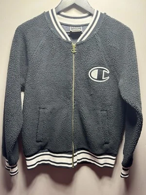Champion College Jacket Fuzzy Sherpa Bomber Varsity Full Zip Womens Medium Black - Image 1 of 4