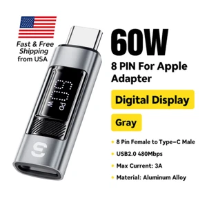 60W USB-C Male to 8-Pin Female Apple Adapter with Digital Display Fast Charging - Picture 1 of 5