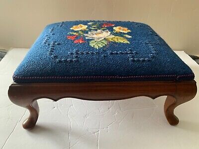 Antique Ornate Victorian Blue Floral Needlepoint Foot Stool • 126.92$
