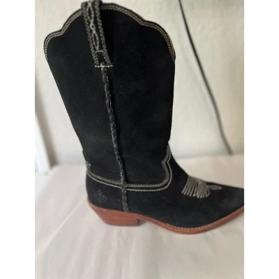 Patricia Nash Black Suede Boots Sz 9.5 Western White Stitch Pointed Toe Rodeo - Image 1 of 4