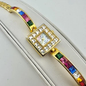 Parmex Womens Quartz Watch Square Rainbow Crystal Gold Tone Bracelet Japan Movt - Picture 1 of 14