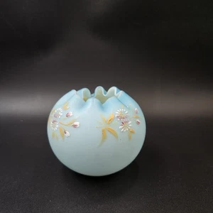 Bristol Glass Rose Bowl Blue Satin Encased White W Hand Painted Enamel Flowers - Picture 1 of 7