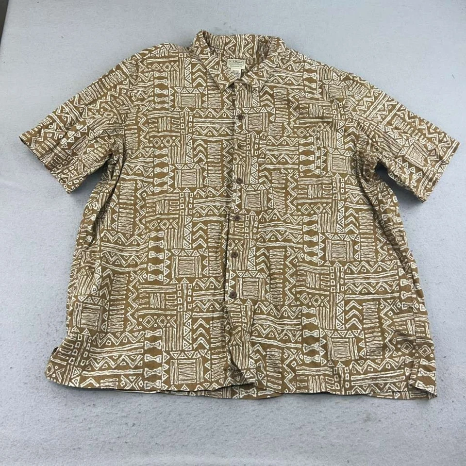 LL Bean Shirt Mens XXXL Brown Aztec Traditional Fit Short Sleeve Button Up - Image 1 of 4