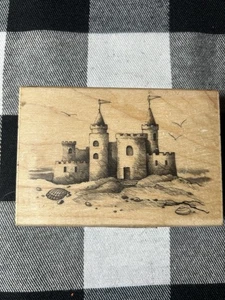 "Sello de goma vintage INKADINKADO castillo de arena playa océano madera 4""x2,5""" - Imagen 1 de 5