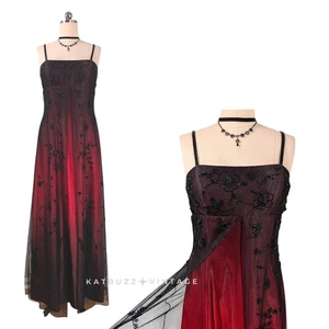 Vintage Prom Dress Maxi Gown 12 Red Black 90s Y2K Fairy Goth Mesh Bead Split - Picture 1 of 12