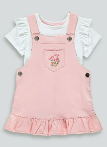 Ex Matalan Baby Girls Pink Floral Heart Pinafore Dress & Top Outfit 9 12 18 24