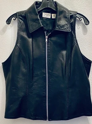 CHALECO VINTAGE ANN TAYLOR LOFT CUERO NEGRO CON CUELLO Y CREMALLERA - ¡¡EXCELENTE!!! Foto 1 de 4