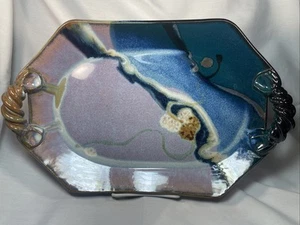 Don Herron Signed Large Glazed Pottery Tray with Handles Blue~Purple 16” Vtg - Picture 1 of 7