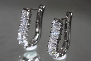 Sparkling Rectangle Created Diamond U Shape Hoops / Earrings - Picture 1 of 3