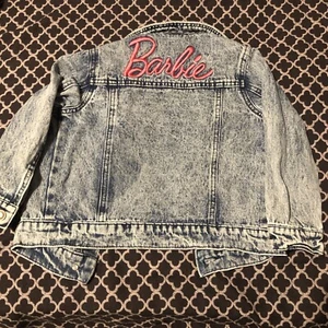 Barbie Embroidered Denim Jean Jacket Acid Washed Girls Size XS Pink Spellout - Picture 1 of 8