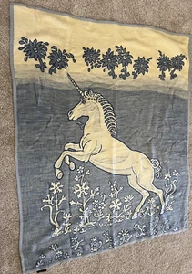VINTAGE Biederlack Unicorn 75” X 58”Blue White Throw Blanket Tapestry Reversable - Picture 1 of 6