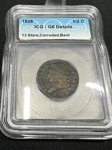 1828 CORONET HEAD 1/2C ICG  G6 DETAILS Bent 13 STARS - Picture 1 of 2