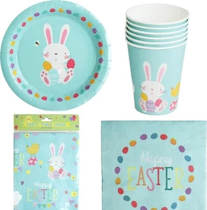 Happy Easter 25Pack Party Tableware - 6 People Table Cover Napkins Cups Plates - Picture 1 of 2