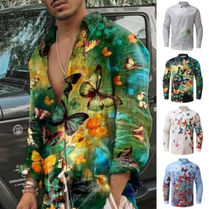Herren Lässiger Schmetterlingsdrucken Leinenhemd Langarm Lose Bluse -Knopf % - Picture 1 of 15