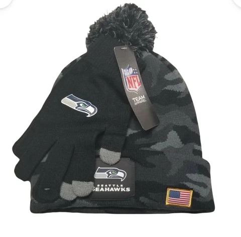Seattle Seahawks NFL Salute to Service Beanie Winter Hat & Gloves Grey Black Cover