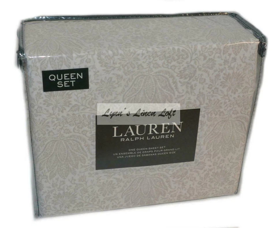 Lauren Ralph Lauren Lotus Floral 4 pc Queen Sheet Set Grey on White (Queen (U...
