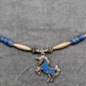 Vintage Halskette blau türkis Pferd Anhänger Südwesten 20 Zoll Halsband 882b - Bild 1 von 11
