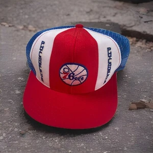 Vintage 80s Philadelphia 76ers NBA Basketball Red Snapback Hat AJD Lucky Stripes - Picture 1 of 8