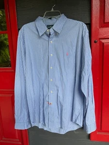 EUC RALPH LAUREN XXL CUSTOM FIT BUTTON DOWN BLUE WHITE STRIPE DRESS SHIRT 100% C - Picture 1 of 6