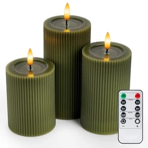 Fluted Ribbed Pillar Candles, Loden Green, with Realistic Reflective Melted-W... - Picture 1 of 9