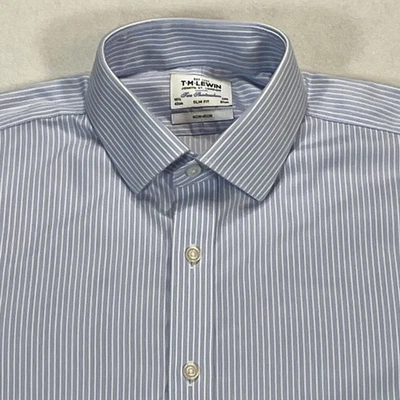 T.M. Lewin Dress Shirt Mens 16.5 34.5 Blue White Stripe Slim Fit French cuffs - Image 1 of 4