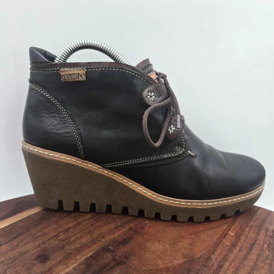 Pikolinos Zafiro Boots Womens 39 / 8.5 Black Brown Leather Platform Wedge Bootie - Image 1 of 4