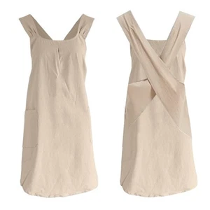 Apron Cotton Linen Aprons with 2 Pockets kitchen Apron Women Japanese Korean Sty - Picture 1 of 6