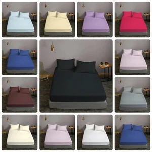 100% Egyptian Cotton 30 CM Fitted Sheet With 2x Pillow Cases Tc 200 In All Sizes - Picture 1 of 30