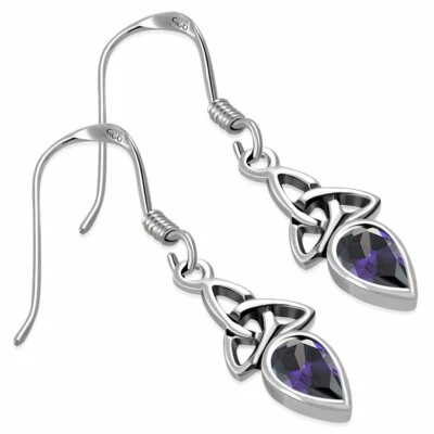 Sterling silver 925 Earrings- Celtic Trinity Silver Earrings set w/ Amethyst CZ - Image 1 of 3
