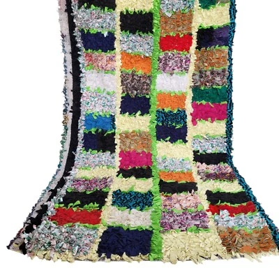 Vintage Handmade Moroccan Fringe Rug 5'4"x3'1" Colorful Patchwork Design Carpet - Image 1 of 4