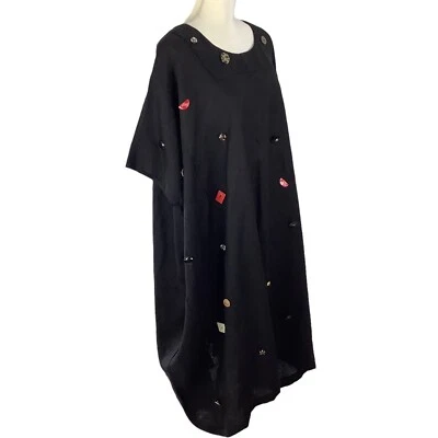 Oversize One Size Black Linen? Kaftan Tunic Poncho Vest Dress Multicolor Buttons - Image 1 of 4