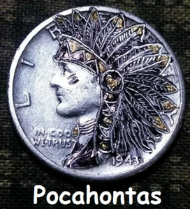 Mercury dime  hand carved by J&M Tarantula silver 90% Mercury dime as Pocahontas - Picture 1 of 10