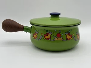 Vintage PETER MAX Green Sauce Pan, Enameled Pan with Wood Handle RARE FIND - Picture 1 of 9