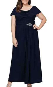 NEW ALEX EVENINGS Cowl Neck Beaded Waist Gown SIZE 16W PLUS NAVY BLUE - Picture 1 of 2