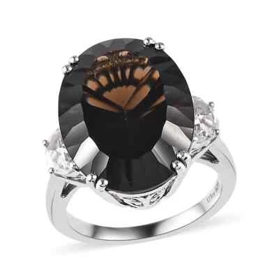 19.35ctw Concave Brazilian Smoky Quartz & White Topaz Ring Platinum Plated Siz 7 - Image 1 of 4