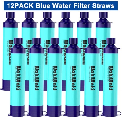 WAKIWAKI Personal Water Filter Straw Blue,12pcs,Outdoor Portable Camping Water Purifier