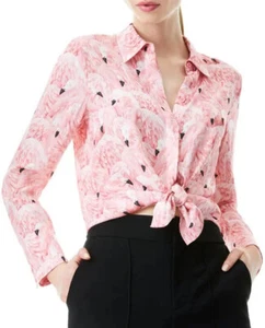 Alice + Olivia Willa Nathan Flamingo Print Pink Blouse Top Shirt Bird Feather S - Picture 1 of 13