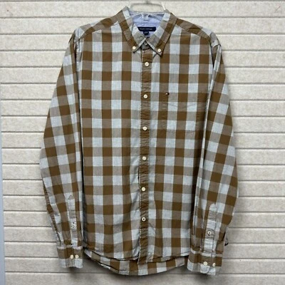 Camisa masculina xadrez xadrez búfalo marrom e branco ajuste personalizado Tommy Hilfiger M - Imagem 1 de 4