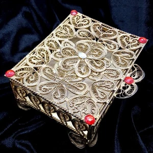 Old Gold Tone Filigree, Red Rhinestones Trinket Box Footed Casket Hinged Lid VTG - Picture 1 of 14