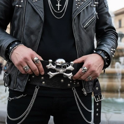 Nuovo Uomo Metallo Argento Moda Cintura Fibbia Skeleton Pirata Ossa Motociclista - Immagine 1 di 4